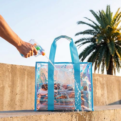 Hsei 6 Pcs Clear Iridescent Beach Bag with Phone Pouch for Women Beach Travel Large Waterproof Tote Bags for Vacation Picnic - color: Iridescent Blue