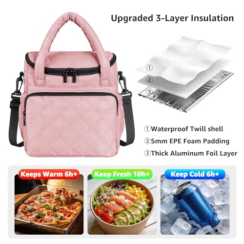 Women's Insulated Lunch Tote Bag - Inch Quilted Lunch Box for Women, Large Waterproof Cooler Bag with Pockets for Work, Picnic, Adult (deep pink) - color: deep pink