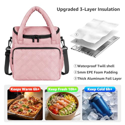 Women's Insulated Lunch Tote Bag - Inch Quilted Lunch Box for Women, Large Waterproof Cooler Bag with Pockets for Work, Picnic, Adult (deep pink) - color: deep pink