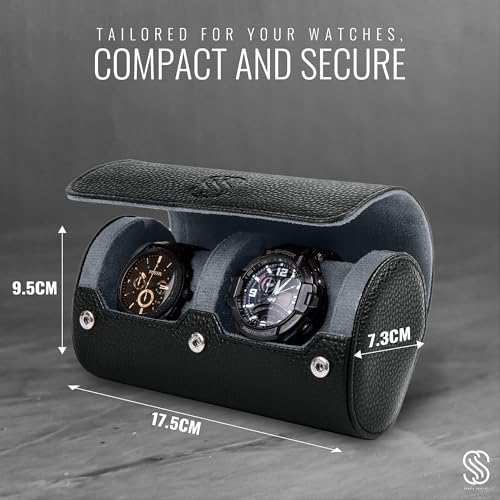 2 Watch Travel Case for Men – Leather Roll Organizer & Storage Box, Fits Watches up to 55mm | Removable Cushions | Gift Ready (Black/Grey) - color: Black / Grey