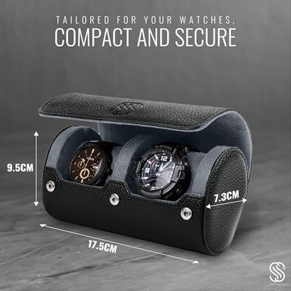 2 Watch Travel Case for Men – Leather Roll Organizer & Storage Box, Fits Watches up to 55mm | Removable Cushions | Gift Ready (Black/Grey) - color: Black / Grey