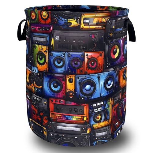 Retro Radio Tape Laundry Basket Oxford Cloth Colorful Music Laundry Hamper With Handle Foldable Portable Clothes Storage Basket Funny Laundry Bag 18.9"x16.5" For Laundry Room/Bedroom/Bathrooms - color: Retro Radio Tape Pattern