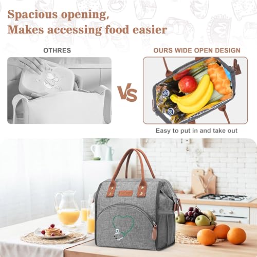 LOKASS Nurse Lunch Bag for Women, Embroidered Lunch Box with Special Nursing Design, Insulated Lunch Tote Ideal for Nurse Gifts, Neutral Grey - color: Gray - Stethoscope Heart
