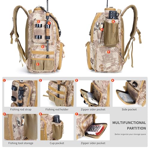 Rabjen Fishing Tackle Backpack with Rod Holders, Bottle Holder, Storage Bag Store Fishing Gear - color: Camouflage Khaki