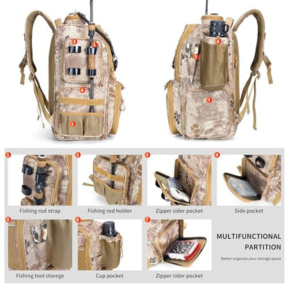 Rabjen Fishing Tackle Backpack with Rod Holders, Bottle Holder, Storage Bag Store Fishing Gear - color: Camouflage Khaki