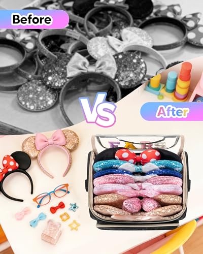 Mouse Ears Travel Case with Detachable Divider, Headband Holder Organizer Bag with Shoulder Strap, Chenille Letter Hair Accessories Storage Box, Black with Gold Zipper - color: Black-Gold Zipper