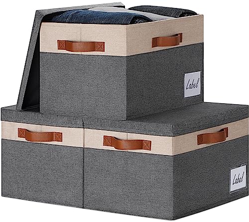 GhvyenntteS Fabric Storage Bins with Lids 3 Pack, Large Fabric Storage Baskets with Lid and Handles, Foldable Closet Organizers and Storage boxes with Label Window for Home (Beige, 15" x 11" x 9.7") - color: Grey with Beige, size: Large-3 Pack