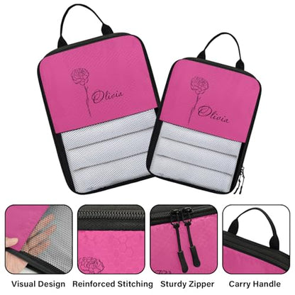 Custom 6 Set Compression Packing Cubes for Travel, Personalized Lightweight Luggage Organizer Bags with Name & Birth Flower, Expandable Large Expandable Packing Organizer, Hot Pink - color: Hot Pink