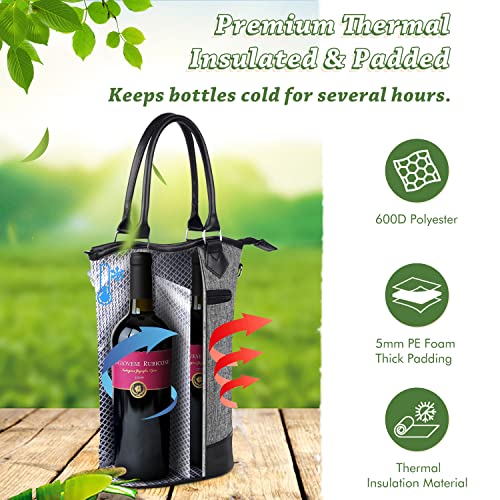 Tirrinia Insulated Wine Gift Carrier Tote - Travel Padded 2 Bottle Wine/Champagne Cooler Bag for Portable Wine Bottle Carrying Case, Women Men Event party, Gift for Wine Lovers - color: Grey