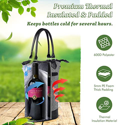 Tirrinia Insulated Wine Gift Carrier Tote - Travel Padded 2 Bottle Wine/Champagne Cooler Bag for Portable Wine Bottle Carrying Case, Women Men Event party, Gift for Wine Lovers - color: Grey