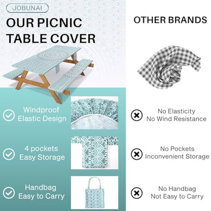 Fitted 8Ft Picnic Table Cover with Chair Covers Elastic Polyester Stain Resistant Reusable Camping Table Cloth Patio Family Glamping Things Hiking Rv Traveling Needs Gifts for Grandparents - color: Green Bohemia, size: 96*30Inch