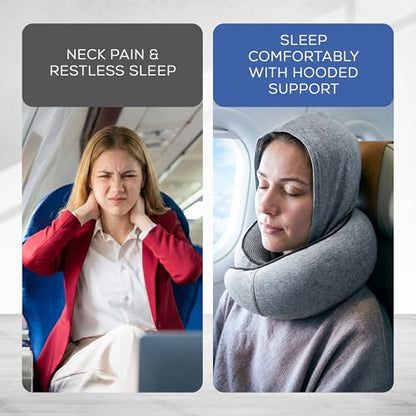 Travel Neck Pillows for Airplanes – Sleep Comfortably on Long Flights, Roadtrips, Home or Office. All-in-One Travel Sleep Kit with Hood, Eyemask and Earplugs