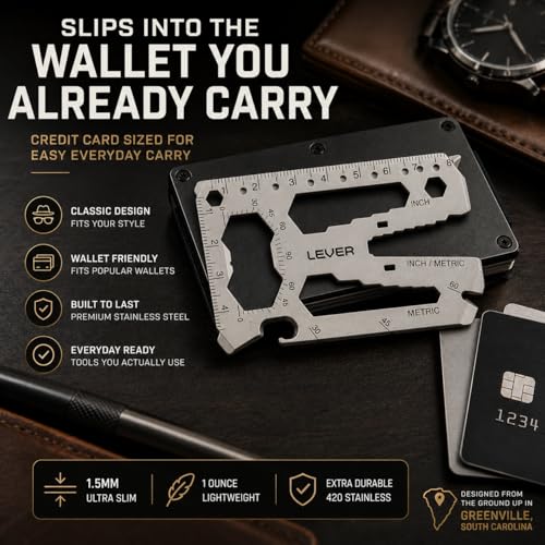Lever Gear Toolcard Pro - 40 in 1 Credit Card Multitool. Slim, Minimalist Survival Card Wallet Tool Card. TSA Approved Multitool Card Pocket Tool. (Silver, Single) - color: Silver, size: Single