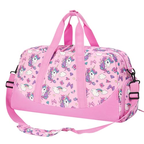 Choco Mocha Kids Duffle Bag, Girls Unicorn Overnight Travel Bags for Kid with Shoes Compartment, Large Weekender Bag for Sleepover, Pink - color: Unicorn Pink