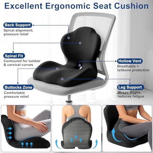 Car Seat Cushion with Lumbar Support Pillow, Memory Foam Office Chair Cushion for Back Pain Sciatica Pain Relief, Ergonomic L-Shaped Seat Cushion for Car Truck Driving Office Chair Home