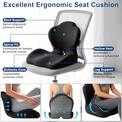 Car Seat Cushion with Lumbar Support Pillow, Memory Foam Office Chair Cushion for Back Pain Sciatica Pain Relief, Ergonomic L-Shaped Seat Cushion for Car Truck Driving Office Chair Home