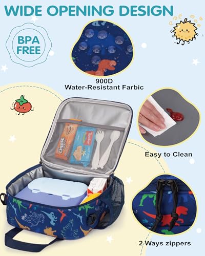 Dinosaur 5L Kids Insulated Lunch Bag Easy to Clean Leakproof Wipeable liner Side Water-bottle Holder Lunch Box for Kids with Shoulder Strap Kids Lunch Bag for School Travel Picnic - color: Dinosaurs