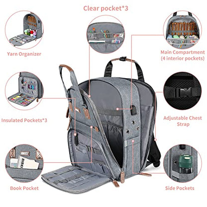 SINVICKO Crochet Bag, Knitting Bag Backpack and Totes Organizer with USB Charging Port, Large Yarn Storage Tote Bag - color: Grey