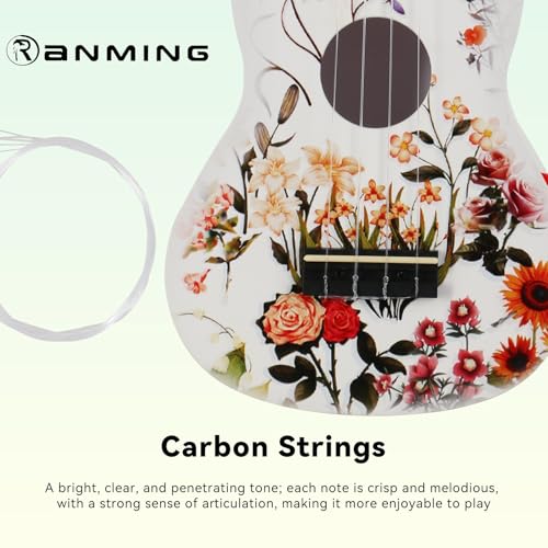 RANMING Ukulele 21 inch ukelele 4-String Ukulele Starter Kit with Strap, Picks,Carbon Strings Portable Plastic uku for Music Education Outdoor Travel Holiday Gifts Flower - color: white
