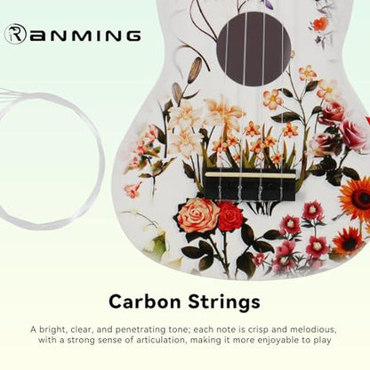 RANMING Ukulele 21 inch ukelele 4-String Ukulele Starter Kit with Strap, Picks,Carbon Strings Portable Plastic uku for Music Education Outdoor Travel Holiday Gifts Flower - color: white