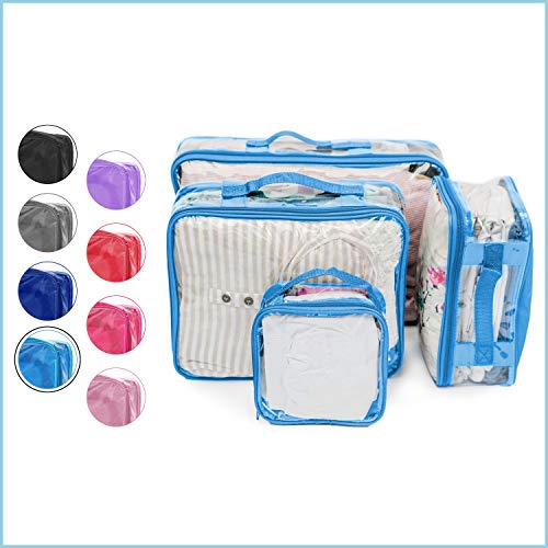 Clear Packing Cubes set of 4 / Packs 7-10 Days of Clothes/Premium PVC Plastic Storage Bags - color: Turquoise Blue