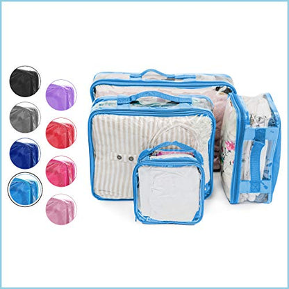 Clear Packing Cubes set of 4 / Packs 7-10 Days of Clothes/Premium PVC Plastic Storage Bags - color: Turquoise Blue