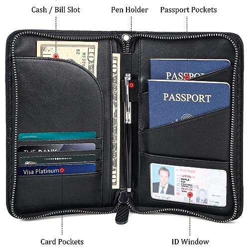 Polare Full Grain Leather Passport Holder With YKK Zipper RFID Blocking Travel Document Organizer Ticket Holder Cover Case Holds 2 Passports (Carbon Black) - color: Carbon Black