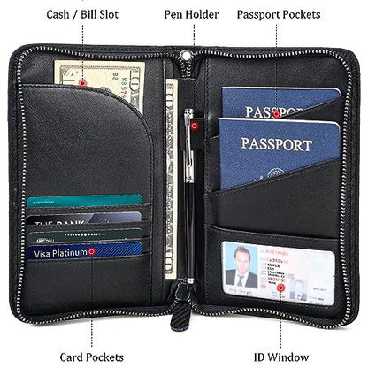 Polare Full Grain Leather Passport Holder With YKK Zipper RFID Blocking Travel Document Organizer Ticket Holder Cover Case Holds 2 Passports (Carbon Black) - color: Carbon Black