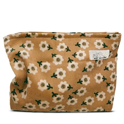 HAPPYHEIDI Women Floral Corduroy Canvas Travel Makeup Bag Cosmetic Pouch Purse Organizer, Khaki - color: 001 SX142-03 Khaki Floral Corduroy