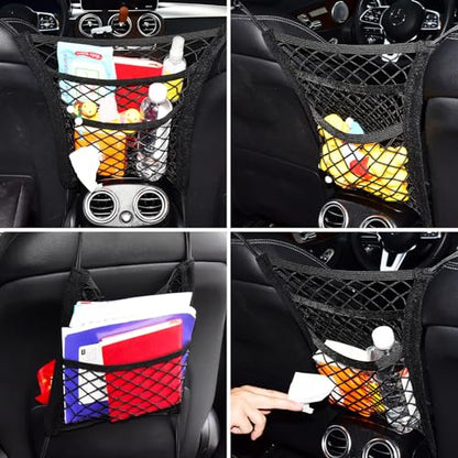 3-Layer Car Mesh Organizer Storage Between Front Seats Kid Dog Pet Net Barrier Car Net Pocket Elastic Tissue Purse Holder Netting for SUV, Van - size: 11.8 x 10.6 inch