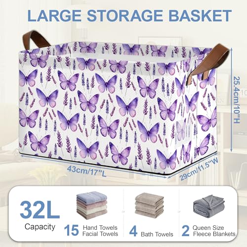 Lavender Storage Baskets,Purple Butterfly Foldable Organizer Bin with Handles for Home Living Room Bedroom Closet Box 17x11.5x10Inch - color: Lavender Purple Butterfly