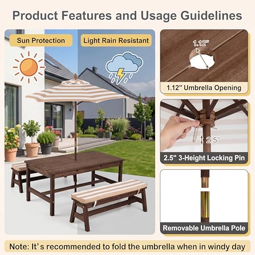 HONEY JOY Kids Picnic Table, Large 42“x 23” Tabletop, Fir Wood Toddler Outdoor Table & Bench Set w/Removable Cushions & Umbrella, Children Backyard Furniture for Patio Garden, Seats for 4 (Walnut) - color: Walnut