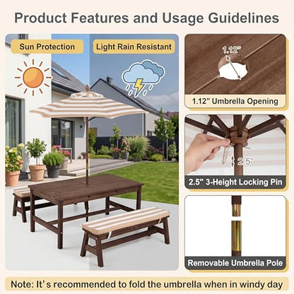 HONEY JOY Kids Picnic Table, Large 42“x 23” Tabletop, Fir Wood Toddler Outdoor Table & Bench Set w/Removable Cushions & Umbrella, Children Backyard Furniture for Patio Garden, Seats for 4 (Walnut) - color: Walnut