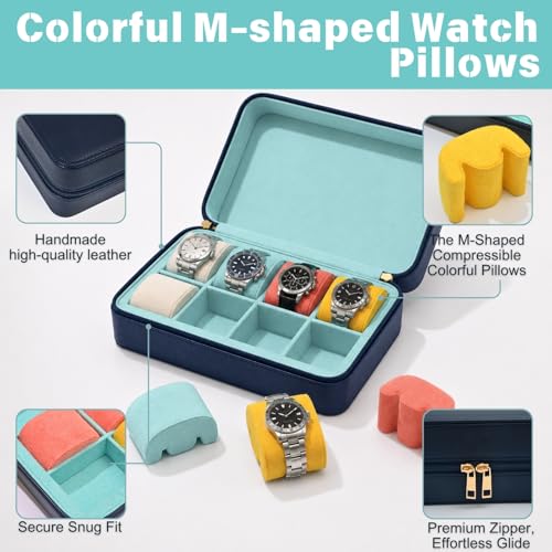 Leather Watch Roll for 8 Watches - Velvet-Lined Travel Case, Luxury Watch Rolls Organizer with Storage & Display for Men (8 Slot-Pool Party Blue) - color: 8 Slot-Pool Party Blue