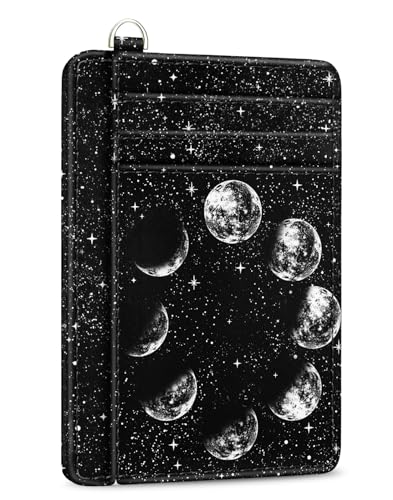 Yonlevres Credit Card Holder Slim Wallet, Moon Lunar Black RFID Wallet Women Front Pocket Small Card Holder, Travel Cute Funny Thin Card Case ID Window PU Leather RFID Blocking Card Organizer Gifts - color: Moon