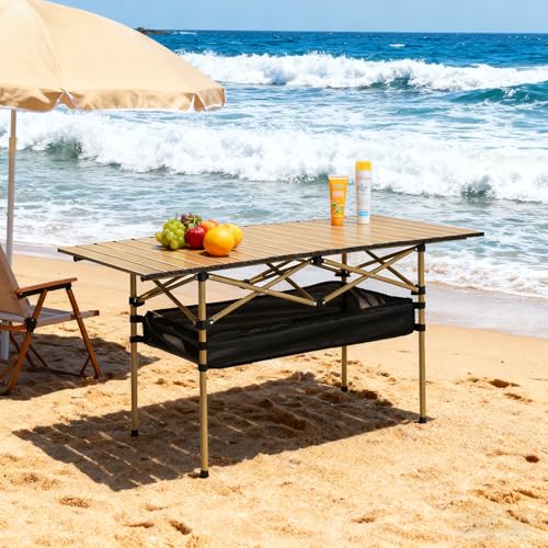 Outdoor Folding Table, 7.93LBS Ultralight Camping Table with Built-in Storage & Carry Bag, 225LBS Heavy Duty Aluminum Tabletop Carbon Steel Frame for Camping, Picnic, Beach, BBQ - color: Yellow