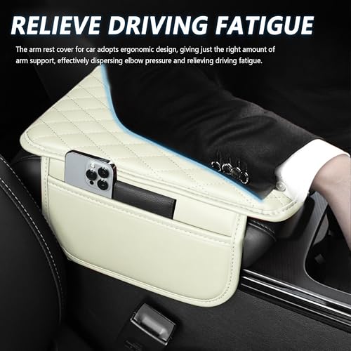 Stacool Upgraded Car Center Console Cover,Microfiber Leather Car Armrest Cover Cushion with 2 Storage Bags,Universal Car Armrest Storage Box (Cream) - color: Cream