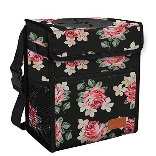 Femuar Car Trash Can Leak Proof Car Trash Bag Waterproof Car Garbage Can with Lid for SUV Front Seat Multipurpose Car Hanging for Headrest Collapsible and Portable with Storage Mesh Pocket, Flower - color: Flower, size: 2.25 Gallons