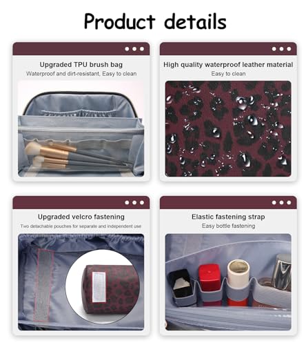 BOYATU Travel Makeup Bag Organizer: 3 Pcs Set Leopard Make up Bag for Women | Vegan Leather Cosmetic Bags with Compartments - Waterproof Toiletry Bag - 180° Open-Flat Make up Case for 3-15 Day Trips - color: 10-Red