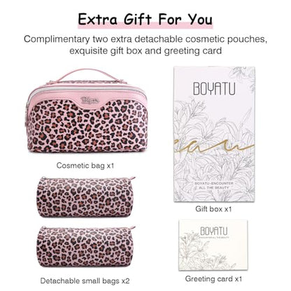 BOYATU Travel Makeup Bag Organizer: 3 Pcs Set Leopard Make up Bag for Women | Vegan Leather Cosmetic Bags with Compartments - Waterproof Toiletry Bag - 180° Open-Flat Make up Case for 3-15 Day Trips - color: 03-Pink