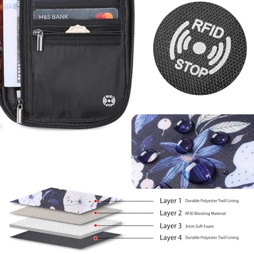 VanFn RFID Travel Passport Wallet, Family Passport Holder, Trip Document Organizer P.Travel Series - color: Pure Flower Blue