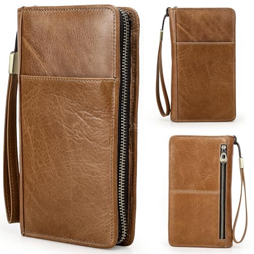 Top Grain Leather Travel Passport Wallet Holder for Man & Woman, Handmade with Three-Layer for 4 Passports & Multi Cards, RFID Blocking Large Capacity for Cards/Passports/Tickets, Brown - color: Classic-Glossy Brown, size: For 4 Passports-Zipper Style