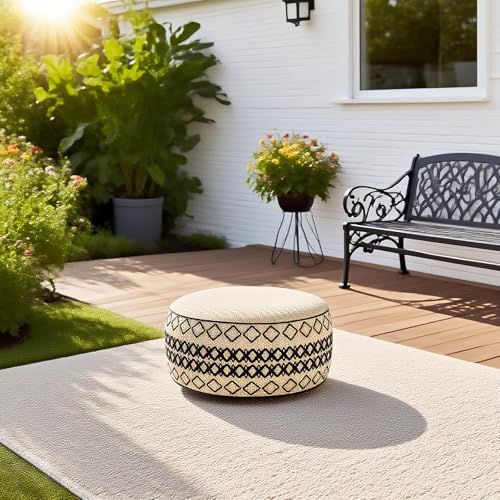 Outdoor Inflatable Ottoman with Air Pump, Embroidery Patio Footrest Stool D21”x H9”, Round Pouf Ottoman with Portable Handle Suitable for Garden, Camping, Bedroom, Living Room - color: Black Embroidery