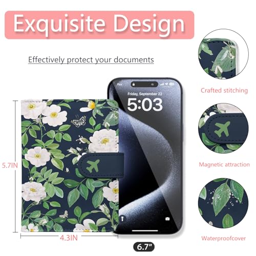Passport Holder, Travel Wallet Cover with Pen Loop | Cute RFID Blocking Leather Case with Magnetic Closure for Travel Essentials-flower - color: P-Butterfly