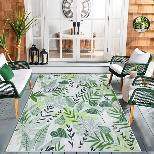 Lahome Leaf Indoor Outdoor Rug, 5x8ft Non Slip Outdoor Patio Rug for Balcony Deck, Portable Outdoor Carpet for Camping Picnic Backyard, Breathable RV Mat Outdoor Rugs for Living Room Bedroom,Green - color: Green, size: 5'x 8'