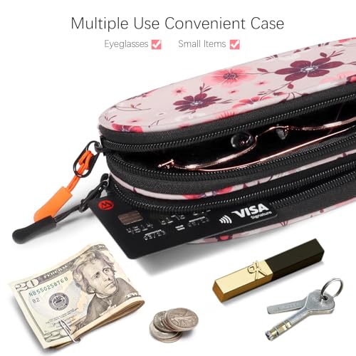 Double Eyeglasses Case Soft Portable Zipper Sunglasses Pouch with Keychain Clip for Men Women - color: Pink Flower