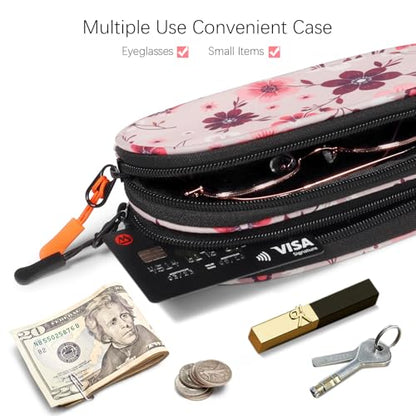 Double Eyeglasses Case Soft Portable Zipper Sunglasses Pouch with Keychain Clip for Men Women - color: Pink Flower