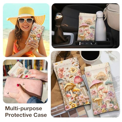 Eyeglasses Sunglasses Case PU Soft Squeeze Top Glasses Pouch for Women Student,Floral Pattern Portable Anti Scratch - color: Pink-mushroom02