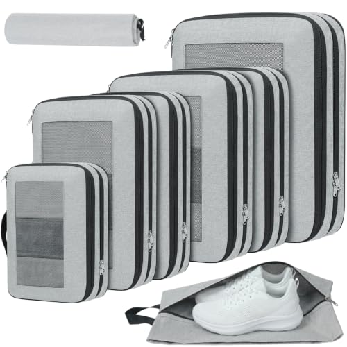 Compression Packing Cubes for Travel, Lightweight Vacation Travel Essentials, Travel Accessories for Suitcase Organizer Bags Set, Durable Luggage Organizer - color: Pewter, size: 8 set-Square Mesh