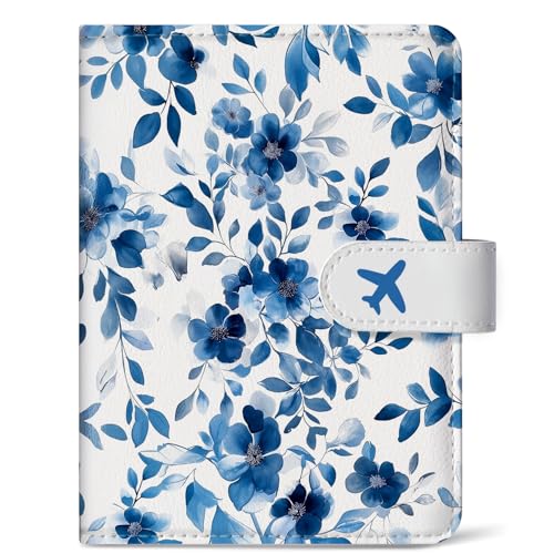 Passport Holder for Travel Essentials, RFID Blocking Leather Cover Wallet with Magnetic Closure, Aesthetic & Cute Passport Book Case for Women and Men - BlueFloral - color: Z.BlueFloral